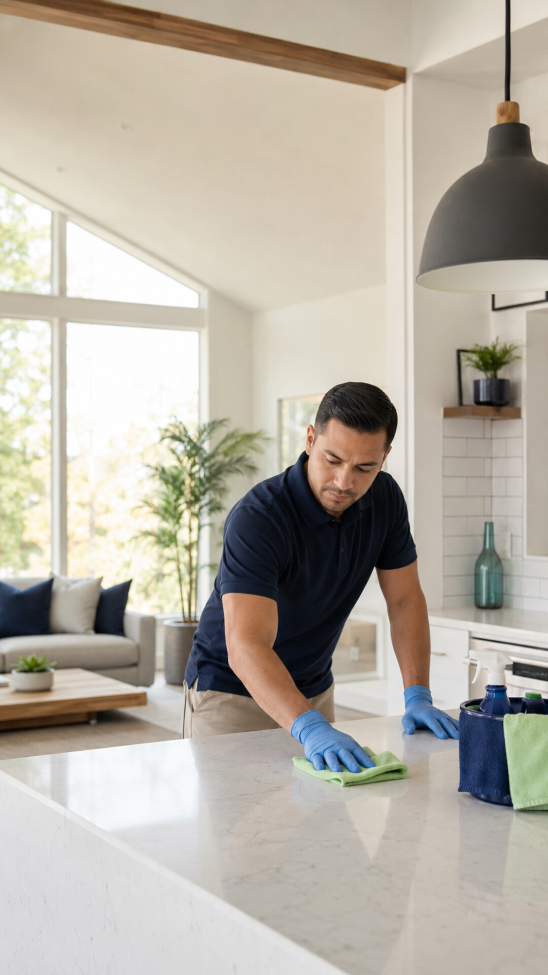 Cleaning professional wiping a surface in a bright, tidy home
